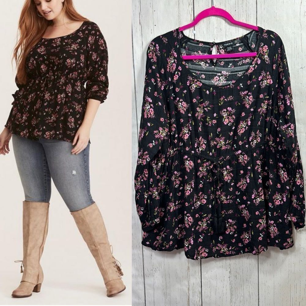 Torrid Black Floral Tie Waist Peplum Blouse 1X Plus Size Feminine Boho Casual